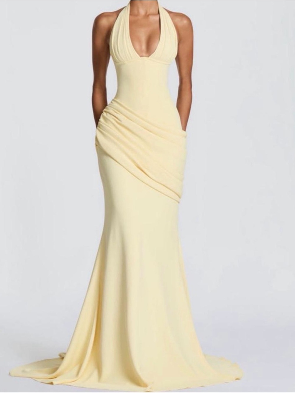 One-Shoulder Pale Yellow Halter Gown